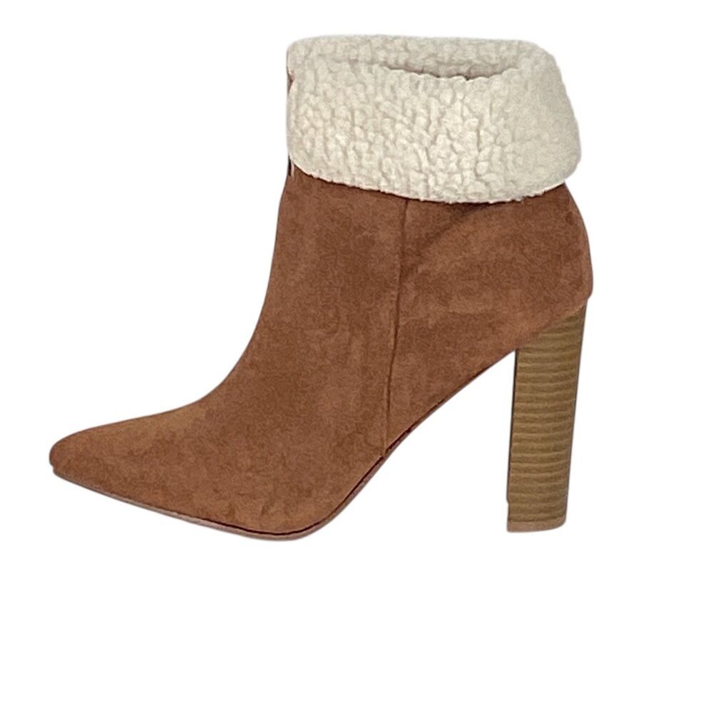 Yoki Shona Womens Brown Faux Suede Sherpa Trim Block Heel Ankle Boots Size 8